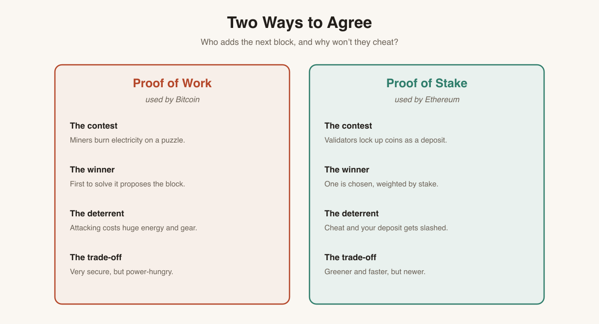 Proof of Work versus Proof of Stake compared across the contest, the winner, the deterrent, and the trade-off.
